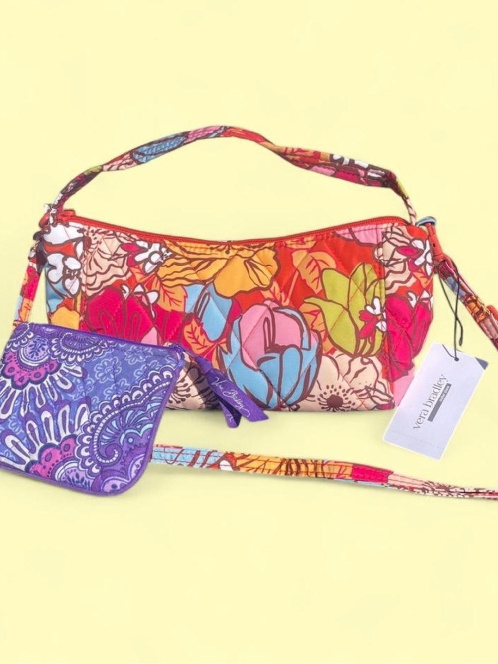 Vera Bradley Red Multi Floral Quilted Shoulder Bag with Purple Paisley Wristlet